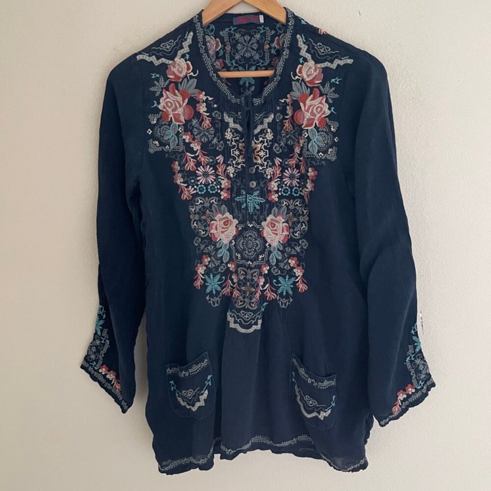 JOHNNY WAS Heavily Floral Embroidered Midnight Blue Peasant Style Tunic; Small